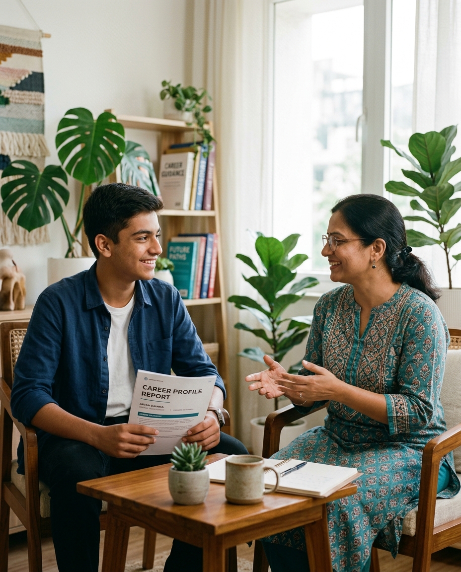 Indian student in a comfortable career exploration conversation with a practitioner, holding a career profile report